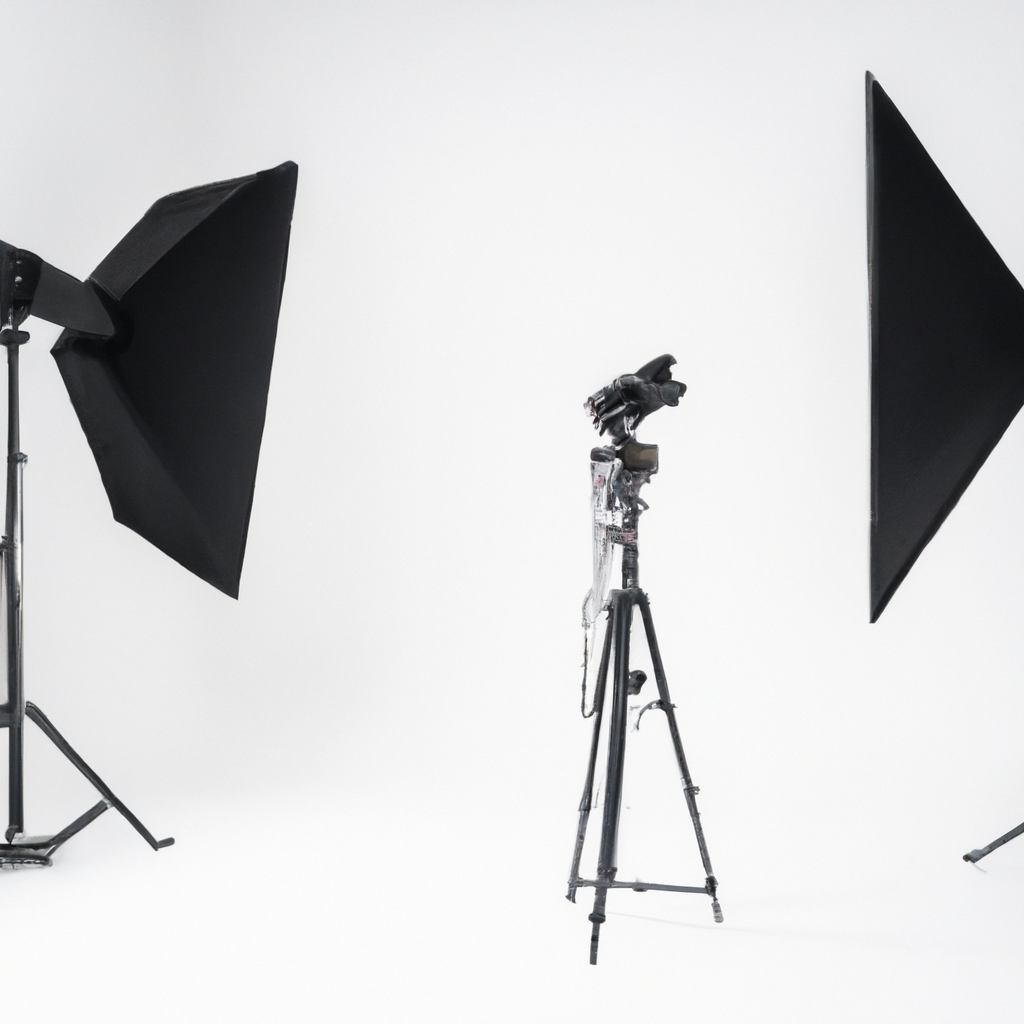 Estudio de fotografía moderno con softboxes y cámara en trípode, estilo minimal y tonos neutros